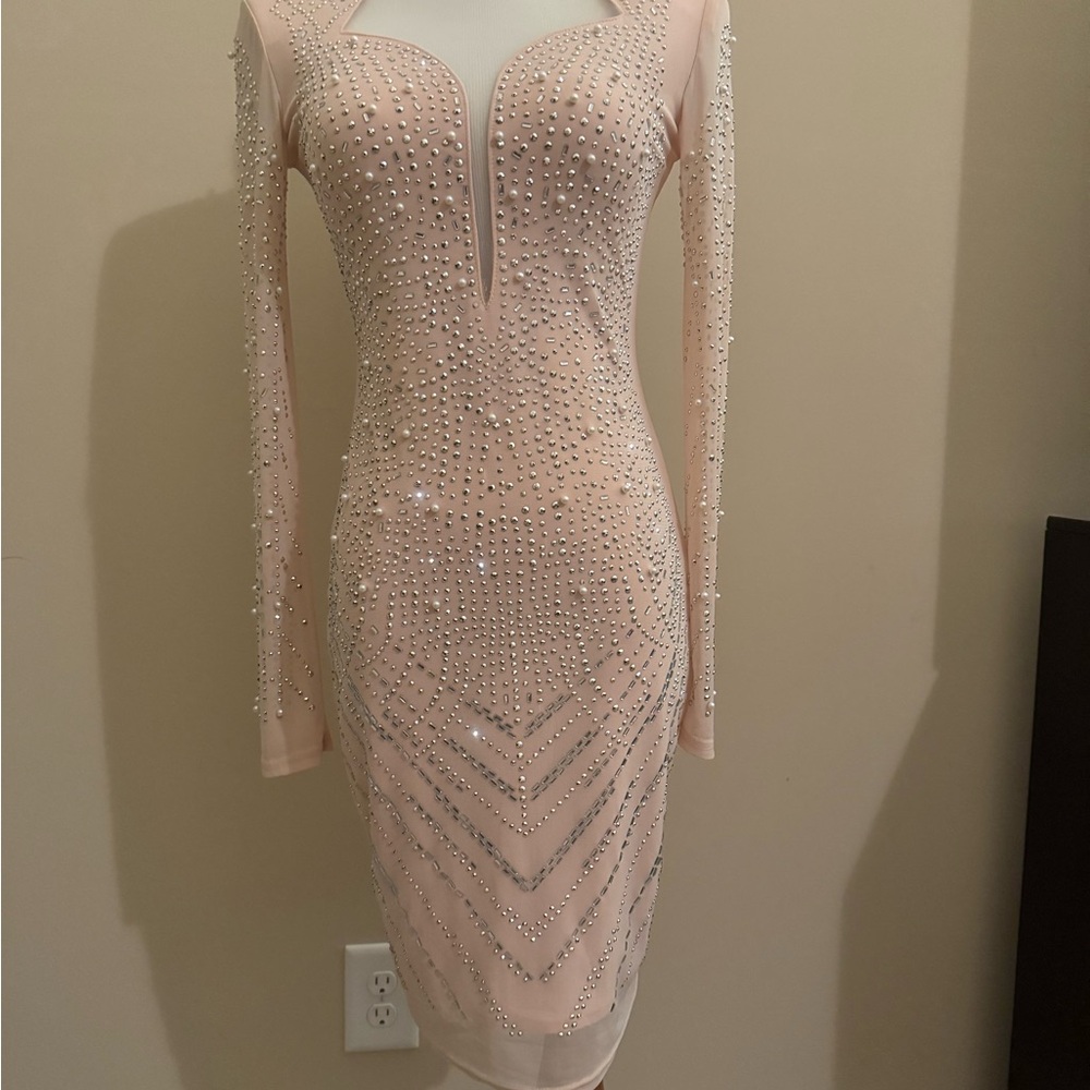 Elegant Pearl-Embellished Cream Dress